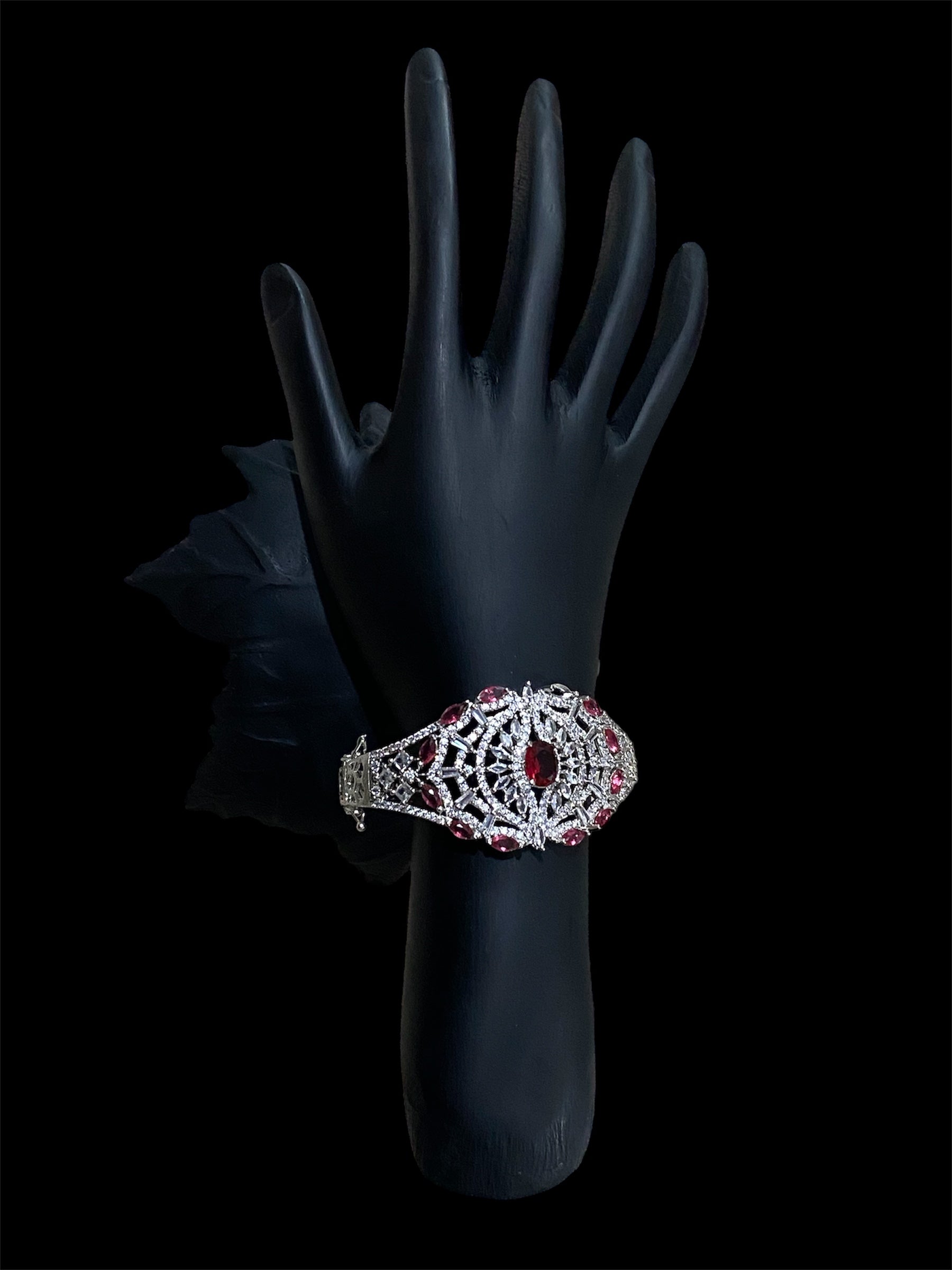 Elegant Free-Size Bracelet with American Diamonds and Red Stones